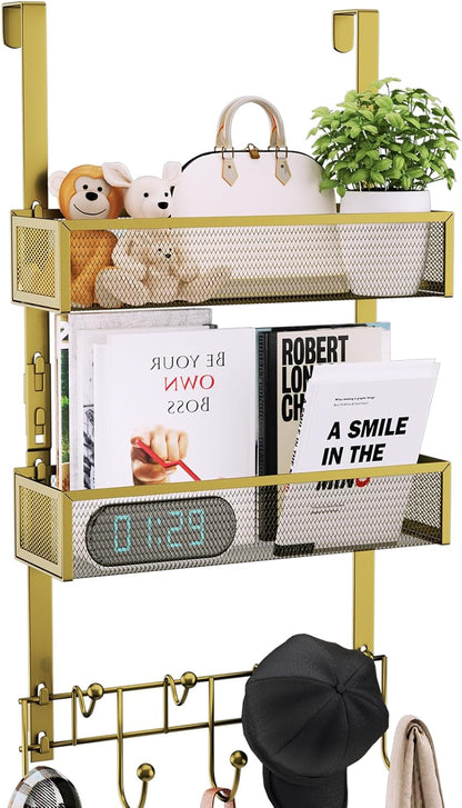 Over The Door Hooks Organizer - 4 Tier Door Coat Rack with 3 Baskets & 12 Hooks, Stainless Steel Towel Hanger for Bedroom, Bathroom, Living Room, Black