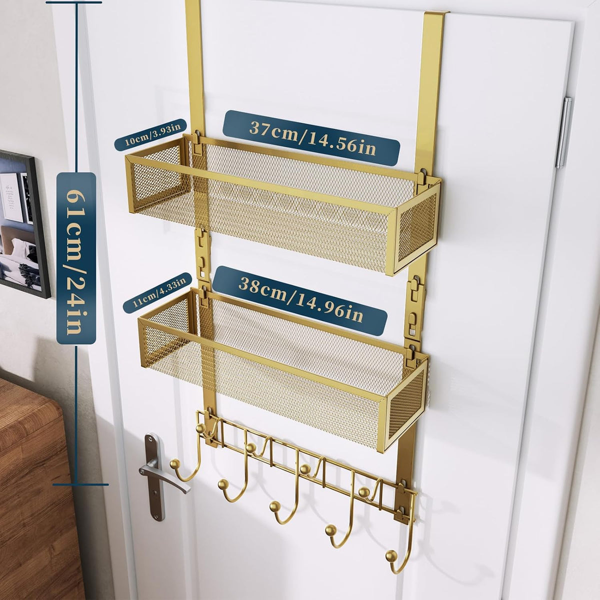 Over The Door Hooks Organizer - 4 Tier Door Coat Rack with 3 Baskets & 12 Hooks, Stainless Steel Towel Hanger for Bedroom, Bathroom, Living Room, Black