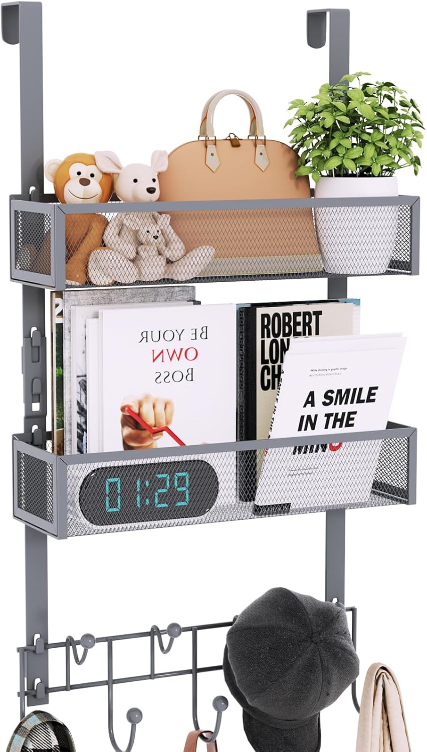 Over The Door Hooks Organizer - 4 Tier Door Coat Rack with 3 Baskets & 12 Hooks, Stainless Steel Towel Hanger for Bedroom, Bathroom, Living Room, Black