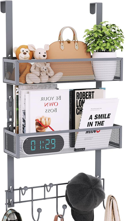 Over The Door Hooks Organizer - 4 Tier Door Coat Rack with 3 Baskets & 12 Hooks, Stainless Steel Towel Hanger for Bedroom, Bathroom, Living Room, Black