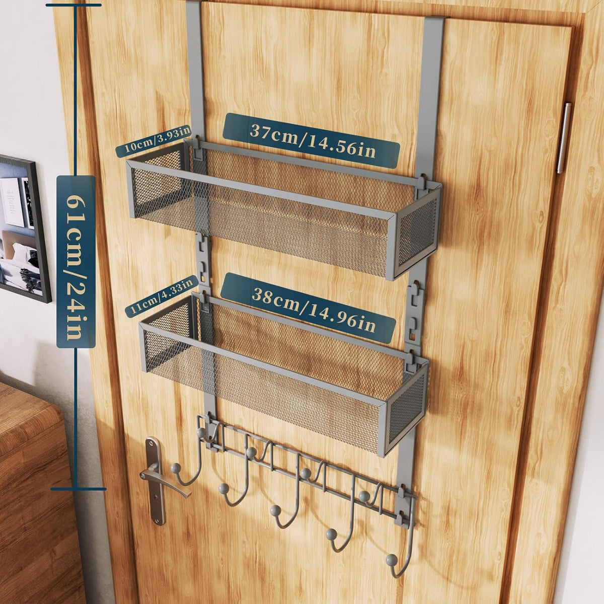 Over The Door Hooks Organizer - 4 Tier Door Coat Rack with 3 Baskets & 12 Hooks, Stainless Steel Towel Hanger for Bedroom, Bathroom, Living Room, Black