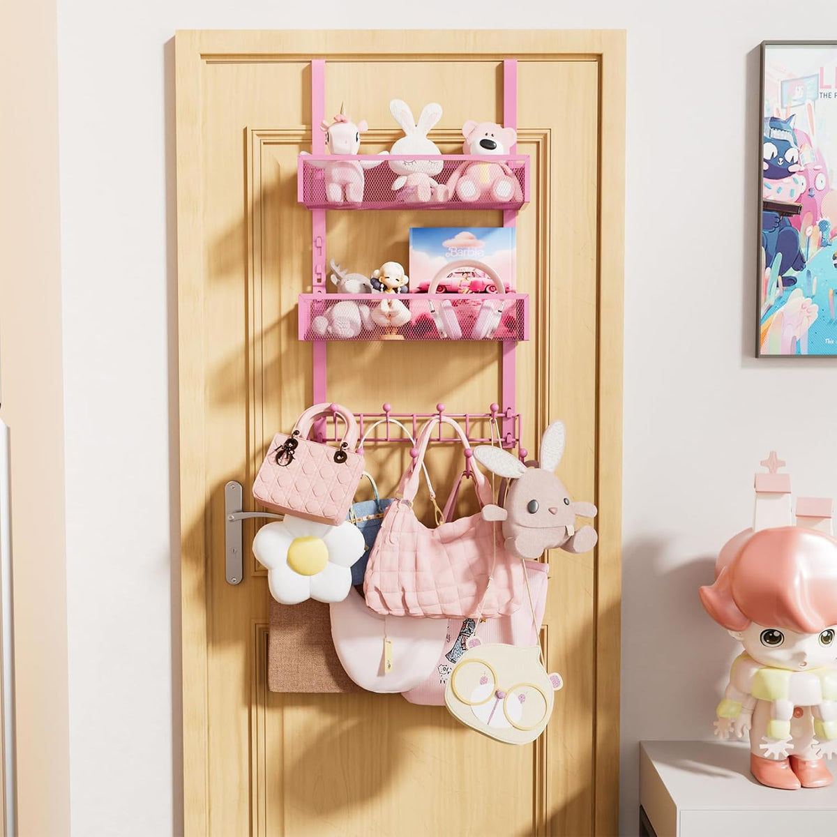 Over The Door Hooks Organizer - 4 Tier Door Coat Rack with 3 Baskets & 12 Hooks, Stainless Steel Towel Hanger for Bedroom, Bathroom, Living Room, Black
