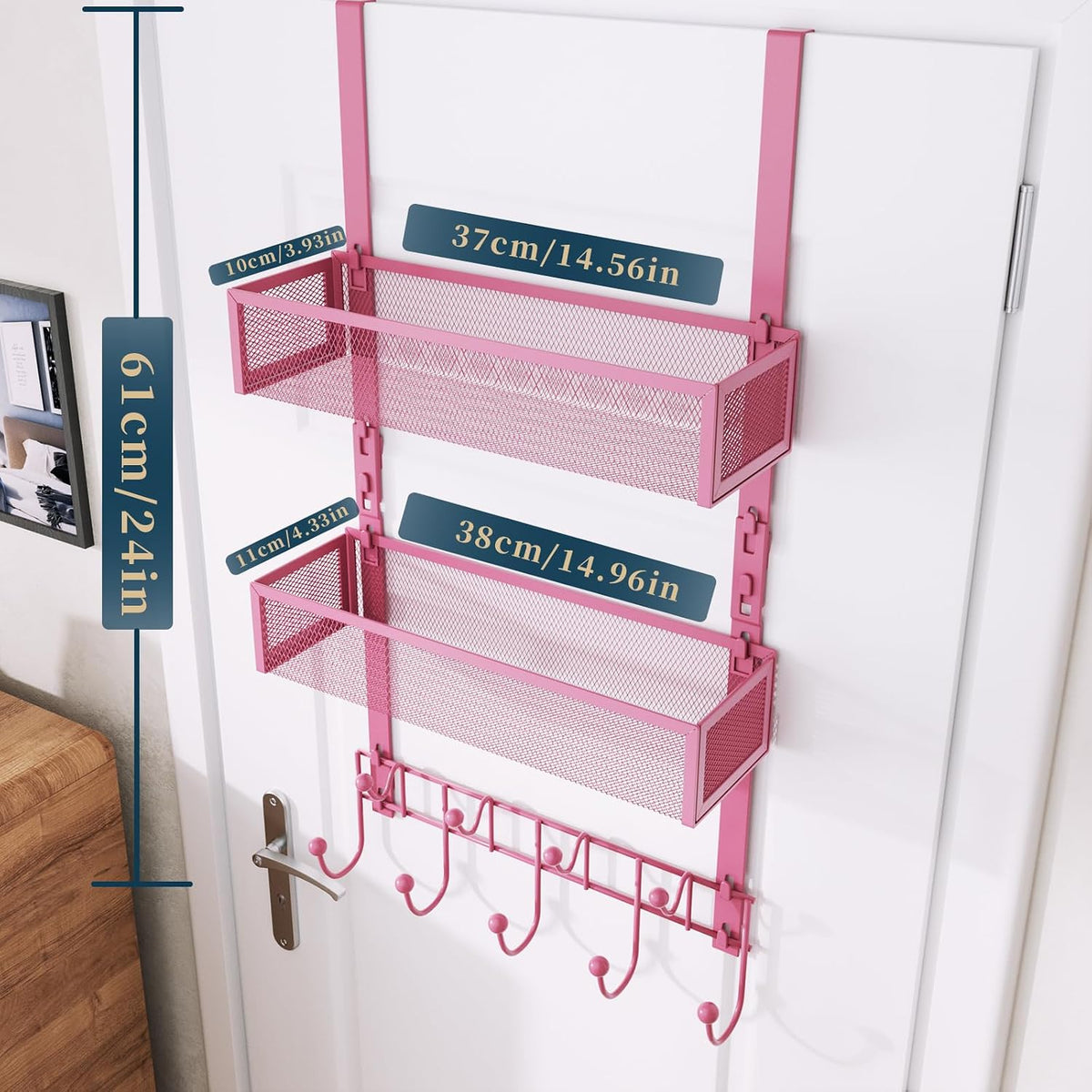 Over The Door Hooks Organizer - 4 Tier Door Coat Rack with 3 Baskets & 12 Hooks, Stainless Steel Towel Hanger for Bedroom, Bathroom, Living Room, Black