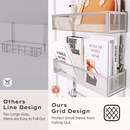 Over The Door Hooks Organizer - 4 Tier Door Coat Rack with 3 Baskets & 12 Hooks, Stainless Steel Towel Hanger for Bedroom, Bathroom, Living Room, Black