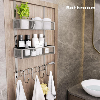 Over The Door Hooks Organizer - 4 Tier Door Coat Rack with 3 Baskets & 12 Hooks, Stainless Steel Towel Hanger for Bedroom, Bathroom, Living Room, Black
