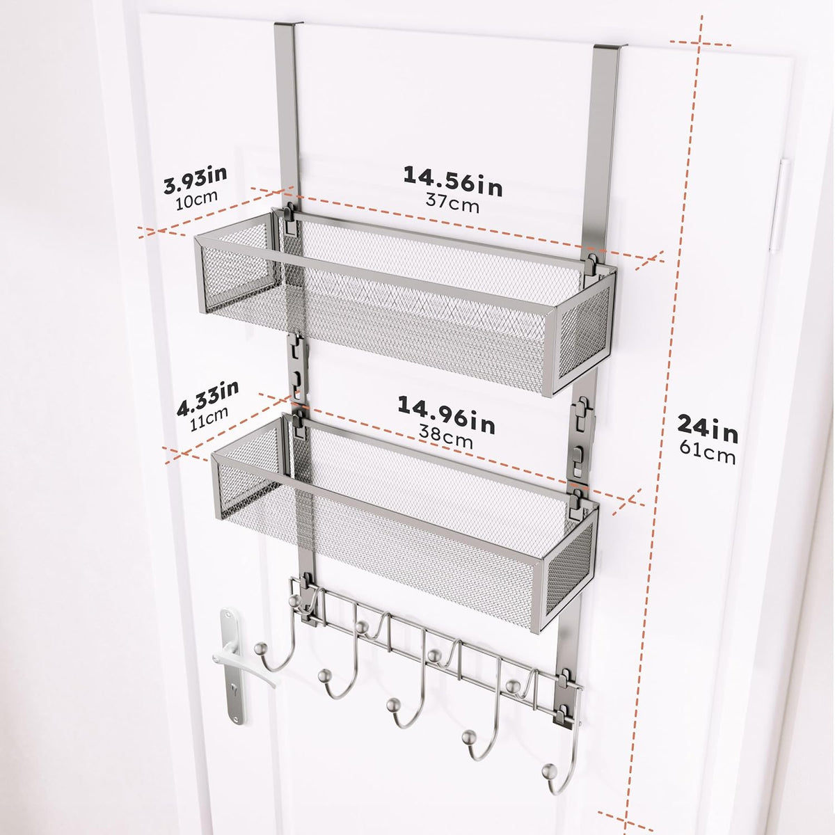 Over The Door Hooks Organizer - 4 Tier Door Coat Rack with 3 Baskets & 12 Hooks, Stainless Steel Towel Hanger for Bedroom, Bathroom, Living Room, Black