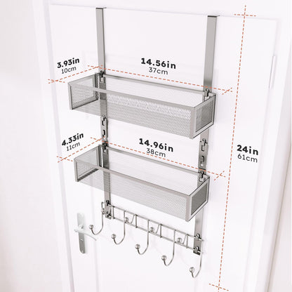 Over The Door Hooks Organizer - 4 Tier Door Coat Rack with 3 Baskets & 12 Hooks, Stainless Steel Towel Hanger for Bedroom, Bathroom, Living Room, Black