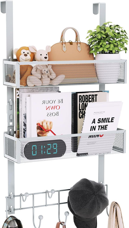Over The Door Hooks Organizer - 4 Tier Door Coat Rack with 3 Baskets & 12 Hooks, Stainless Steel Towel Hanger for Bedroom, Bathroom, Living Room, Black