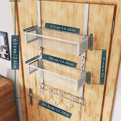 Over The Door Hooks Organizer - 4 Tier Door Coat Rack with 3 Baskets & 12 Hooks, Stainless Steel Towel Hanger for Bedroom, Bathroom, Living Room, Black