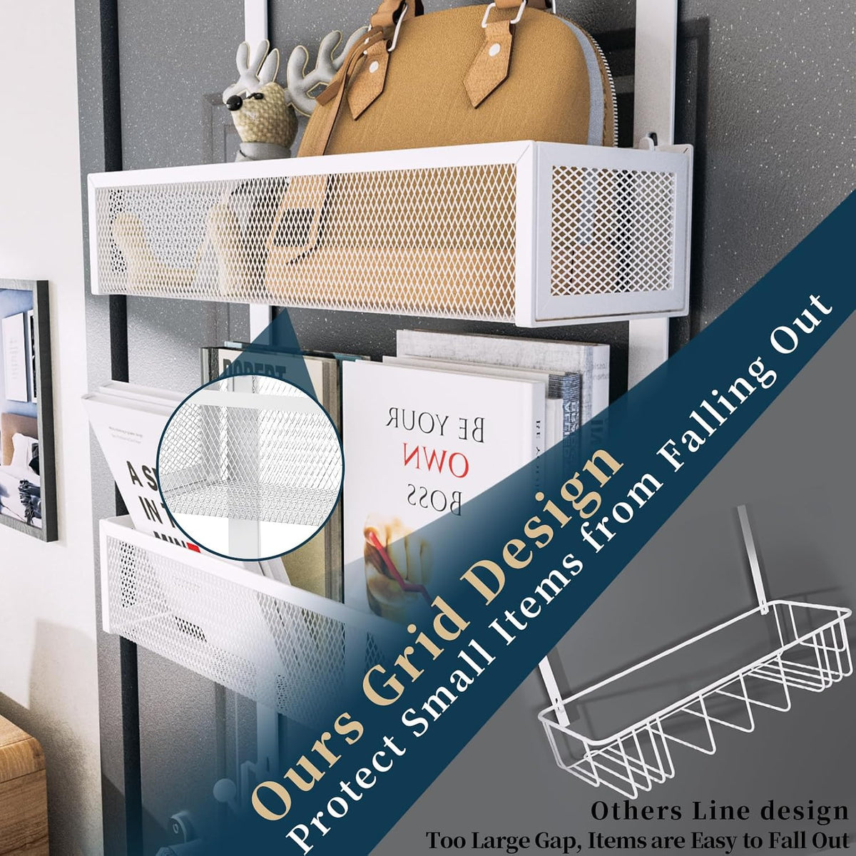 Over The Door Hooks Organizer - 4 Tier Door Coat Rack with 3 Baskets & 12 Hooks, Stainless Steel Towel Hanger for Bedroom, Bathroom, Living Room, Black