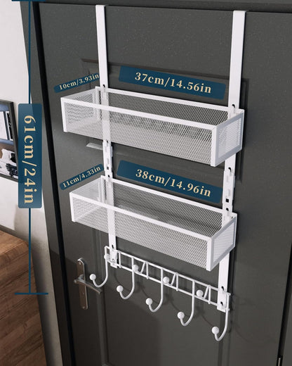 Over The Door Hooks Organizer - 4 Tier Door Coat Rack with 3 Baskets & 12 Hooks, Stainless Steel Towel Hanger for Bedroom, Bathroom, Living Room, Black
