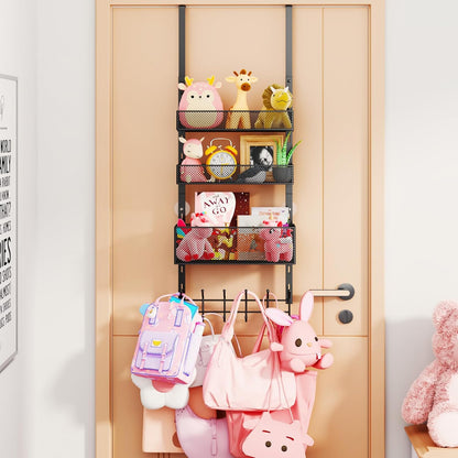 Over The Door Hooks Organizer - 4 Tier Door Coat Rack with 3 Baskets & 12 Hooks, Stainless Steel Towel Hanger for Bedroom, Bathroom, Living Room, Black