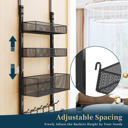 Over The Door Hooks Organizer - 4 Tier Door Coat Rack with 3 Baskets & 12 Hooks, Stainless Steel Towel Hanger for Bedroom, Bathroom, Living Room, Black