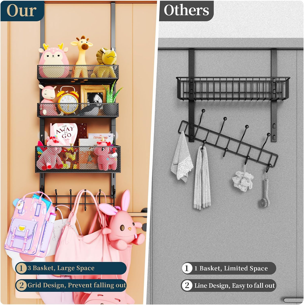 Over The Door Hooks Organizer - 4 Tier Door Coat Rack with 3 Baskets & 12 Hooks, Stainless Steel Towel Hanger for Bedroom, Bathroom, Living Room, Black