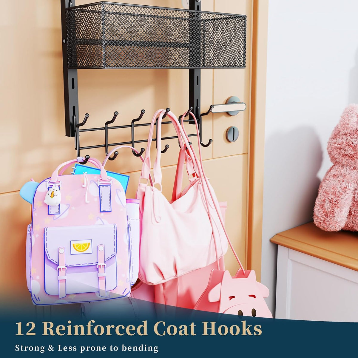 Over The Door Hooks Organizer - 4 Tier Door Coat Rack with 3 Baskets & 12 Hooks, Stainless Steel Towel Hanger for Bedroom, Bathroom, Living Room, Black