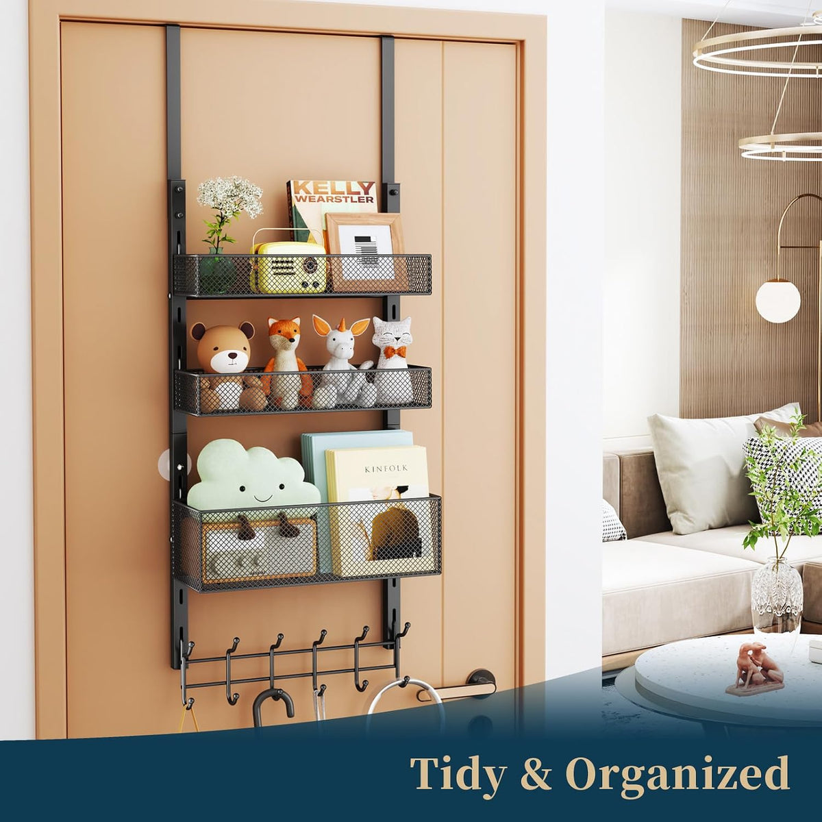 Over The Door Hooks Organizer - 4 Tier Door Coat Rack with 3 Baskets & 12 Hooks, Stainless Steel Towel Hanger for Bedroom, Bathroom, Living Room, Black