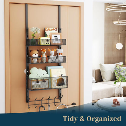 Over The Door Hooks Organizer - 4 Tier Door Coat Rack with 3 Baskets & 12 Hooks, Stainless Steel Towel Hanger for Bedroom, Bathroom, Living Room, Black