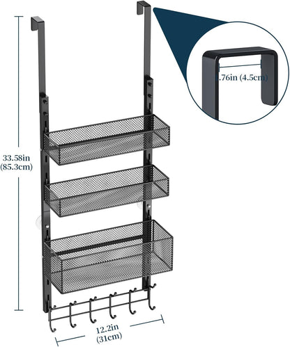 Over The Door Hooks Organizer - 4 Tier Door Coat Rack with 3 Baskets & 12 Hooks, Stainless Steel Towel Hanger for Bedroom, Bathroom, Living Room, Black