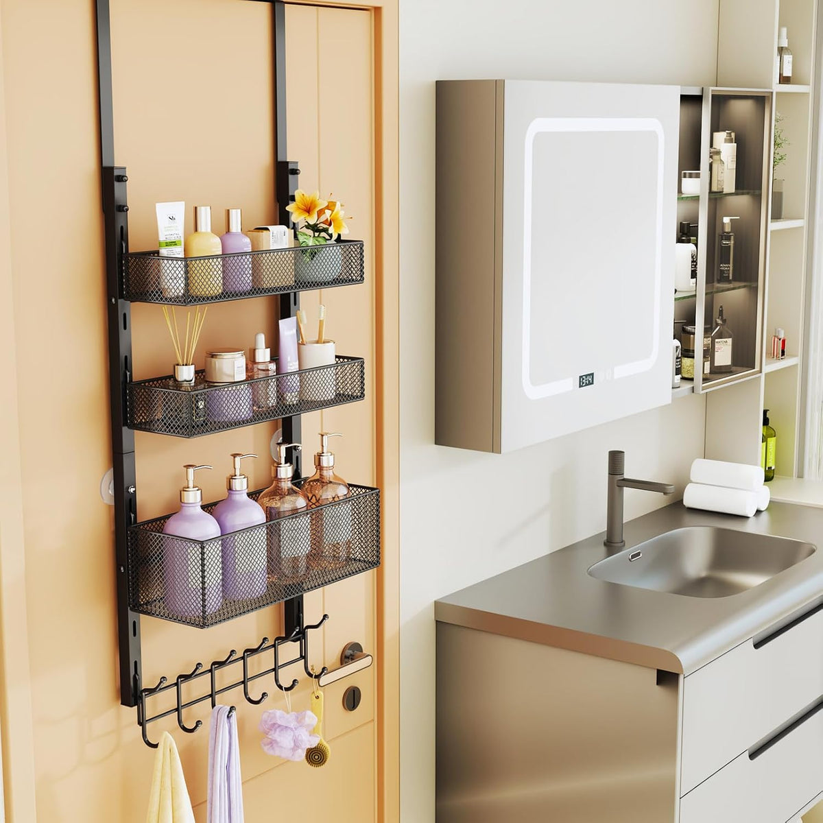 Over The Door Hooks Organizer - 4 Tier Door Coat Rack with 3 Baskets & 12 Hooks, Stainless Steel Towel Hanger for Bedroom, Bathroom, Living Room, Black