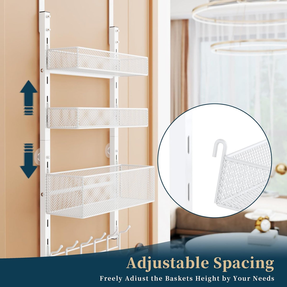 Over The Door Hooks Organizer - 4 Tier Door Coat Rack with 3 Baskets & 12 Hooks, Stainless Steel Towel Hanger for Bedroom, Bathroom, Living Room, Black