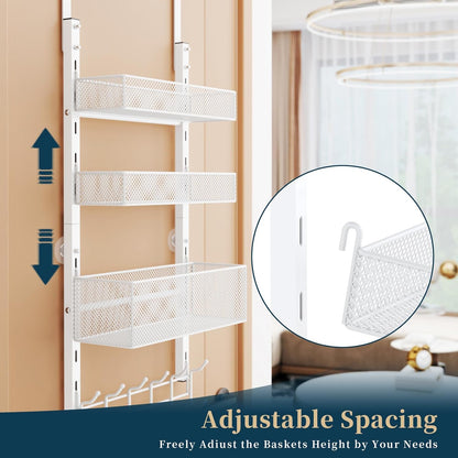 Over The Door Hooks Organizer - 4 Tier Door Coat Rack with 3 Baskets & 12 Hooks, Stainless Steel Towel Hanger for Bedroom, Bathroom, Living Room, Black