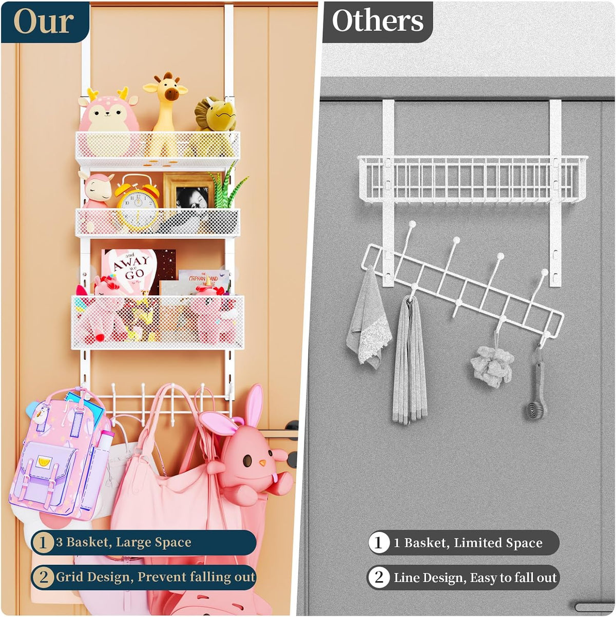Over The Door Hooks Organizer - 4 Tier Door Coat Rack with 3 Baskets & 12 Hooks, Stainless Steel Towel Hanger for Bedroom, Bathroom, Living Room, Black