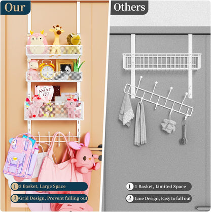 Over The Door Hooks Organizer - 4 Tier Door Coat Rack with 3 Baskets & 12 Hooks, Stainless Steel Towel Hanger for Bedroom, Bathroom, Living Room, Black