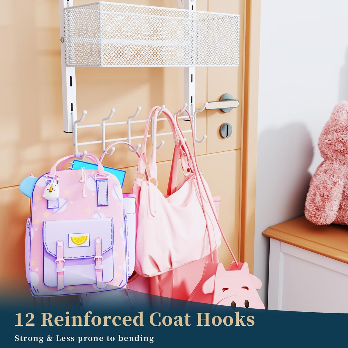 Over The Door Hooks Organizer - 4 Tier Door Coat Rack with 3 Baskets & 12 Hooks, Stainless Steel Towel Hanger for Bedroom, Bathroom, Living Room, Black