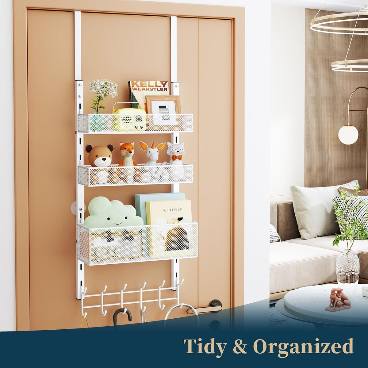 Over The Door Hooks Organizer - 4 Tier Door Coat Rack with 3 Baskets & 12 Hooks, Stainless Steel Towel Hanger for Bedroom, Bathroom, Living Room, Black