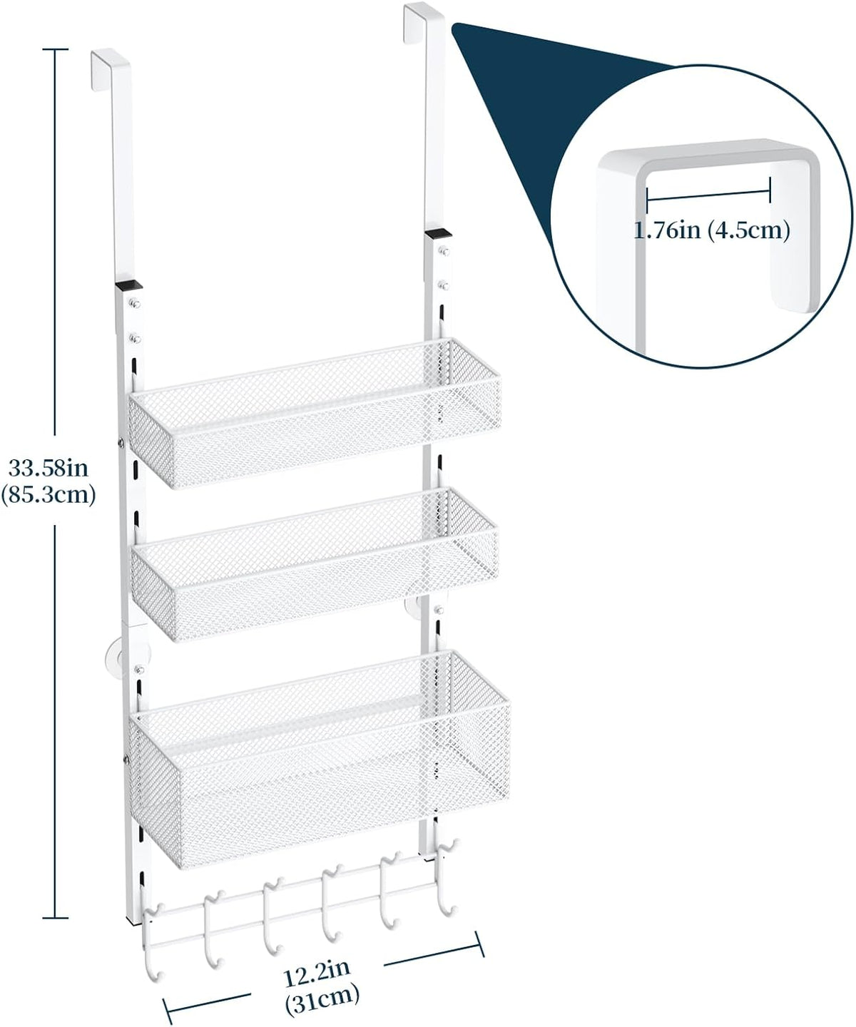 Over The Door Hooks Organizer - 4 Tier Door Coat Rack with 3 Baskets & 12 Hooks, Stainless Steel Towel Hanger for Bedroom, Bathroom, Living Room, Black