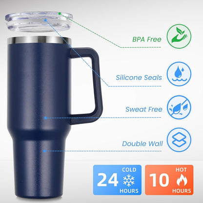 DOMICARE 40 oz Tumbler with Handle and Straw, Stainless Steel Tumbler with Lid and Straw, Reusable Vacuum Insulated Cup, Travel Coffee Mug, Blue, 1Pack