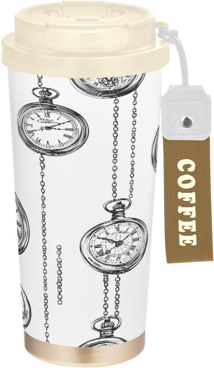 Clock Insulated Travel Coffee Mug 17oz,Reusable Stainless Steel Coffee Tumbler Cup with Flip Lid Leak Proof Spill Proof for Office School Party Camping Hot and Cold Drink