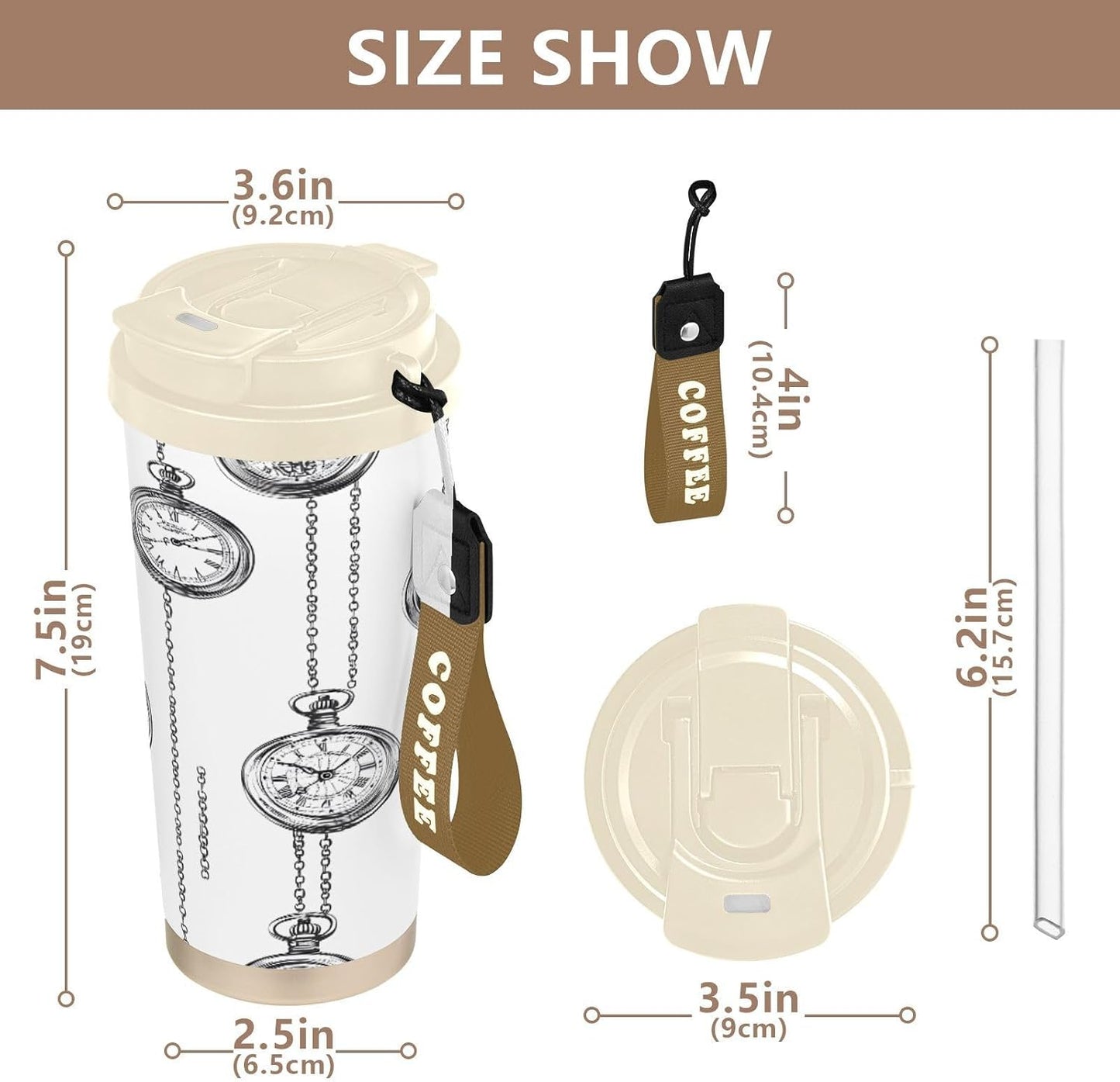 Clock Insulated Travel Coffee Mug 17oz,Reusable Stainless Steel Coffee Tumbler Cup with Flip Lid Leak Proof Spill Proof for Office School Party Camping Hot and Cold Drink