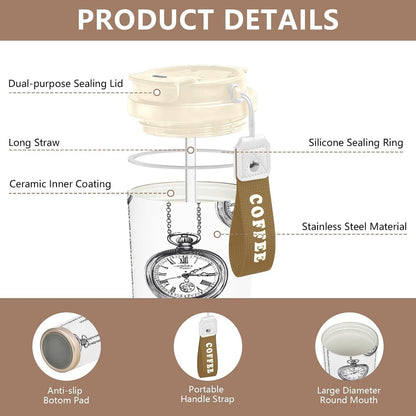 Clock Insulated Travel Coffee Mug 17oz,Reusable Stainless Steel Coffee Tumbler Cup with Flip Lid Leak Proof Spill Proof for Office School Party Camping Hot and Cold Drink