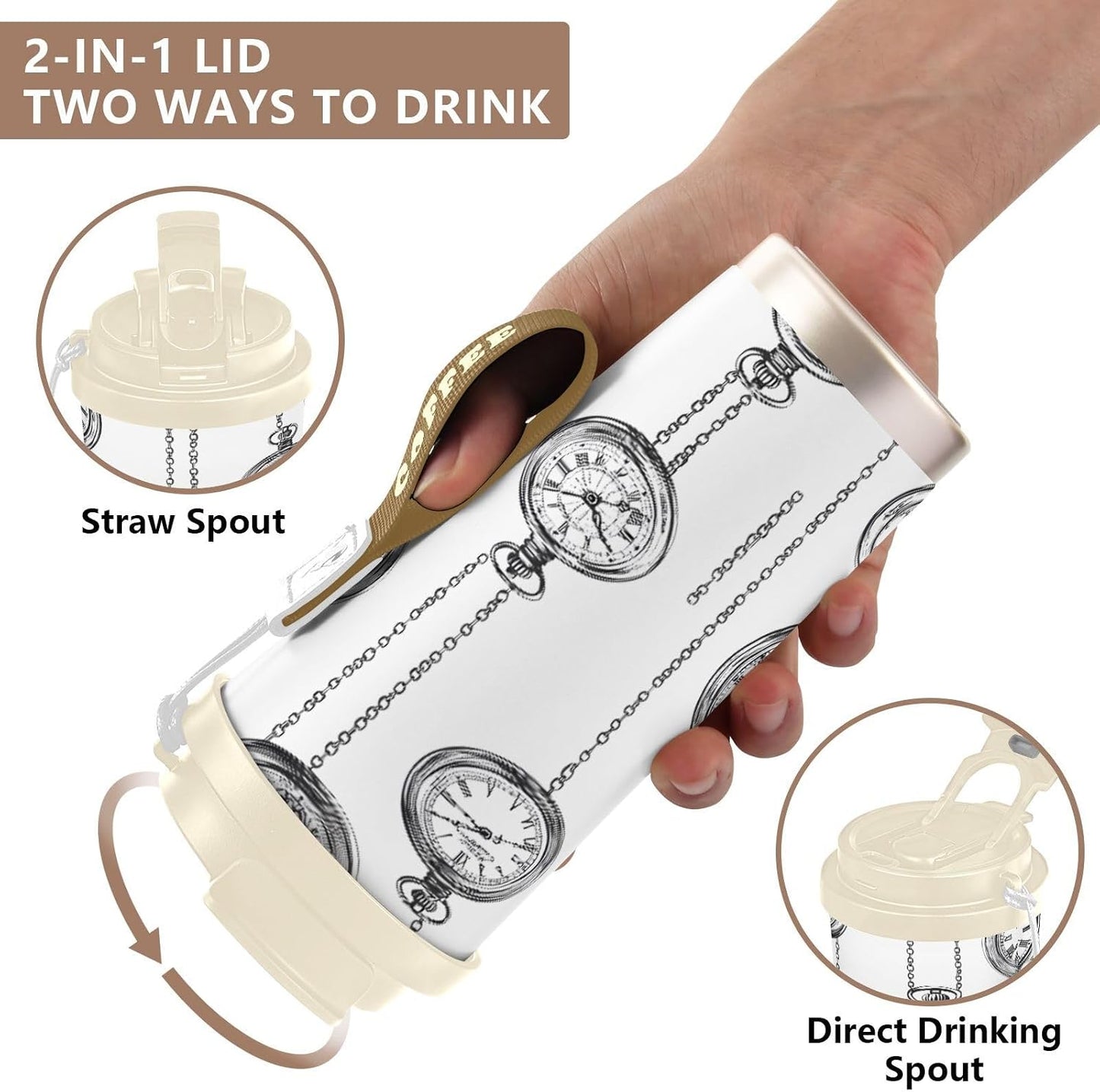 Clock Insulated Travel Coffee Mug 17oz,Reusable Stainless Steel Coffee Tumbler Cup with Flip Lid Leak Proof Spill Proof for Office School Party Camping Hot and Cold Drink