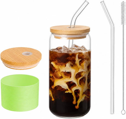 Glass Cup with Lid and Straw, 16 oz Reusable Iced Coffee Cup with Bamboo Lid, Lemon Yellow Silicone Sleeve and Cleaning Brush, for Cold Brew and Iced Drinks,Lemon Yellow