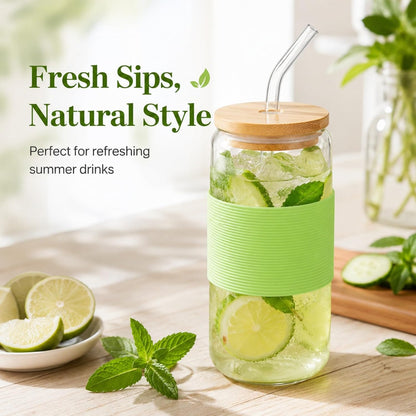 Glass Cup with Lid and Straw, 16 oz Reusable Iced Coffee Cup with Bamboo Lid, Lemon Yellow Silicone Sleeve and Cleaning Brush, for Cold Brew and Iced Drinks,Lemon Yellow