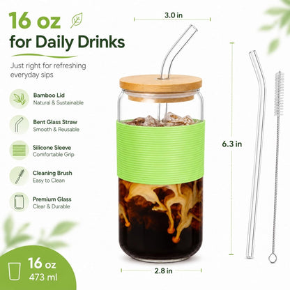 Glass Cup with Lid and Straw, 16 oz Reusable Iced Coffee Cup with Bamboo Lid, Lemon Yellow Silicone Sleeve and Cleaning Brush, for Cold Brew and Iced Drinks,Lemon Yellow