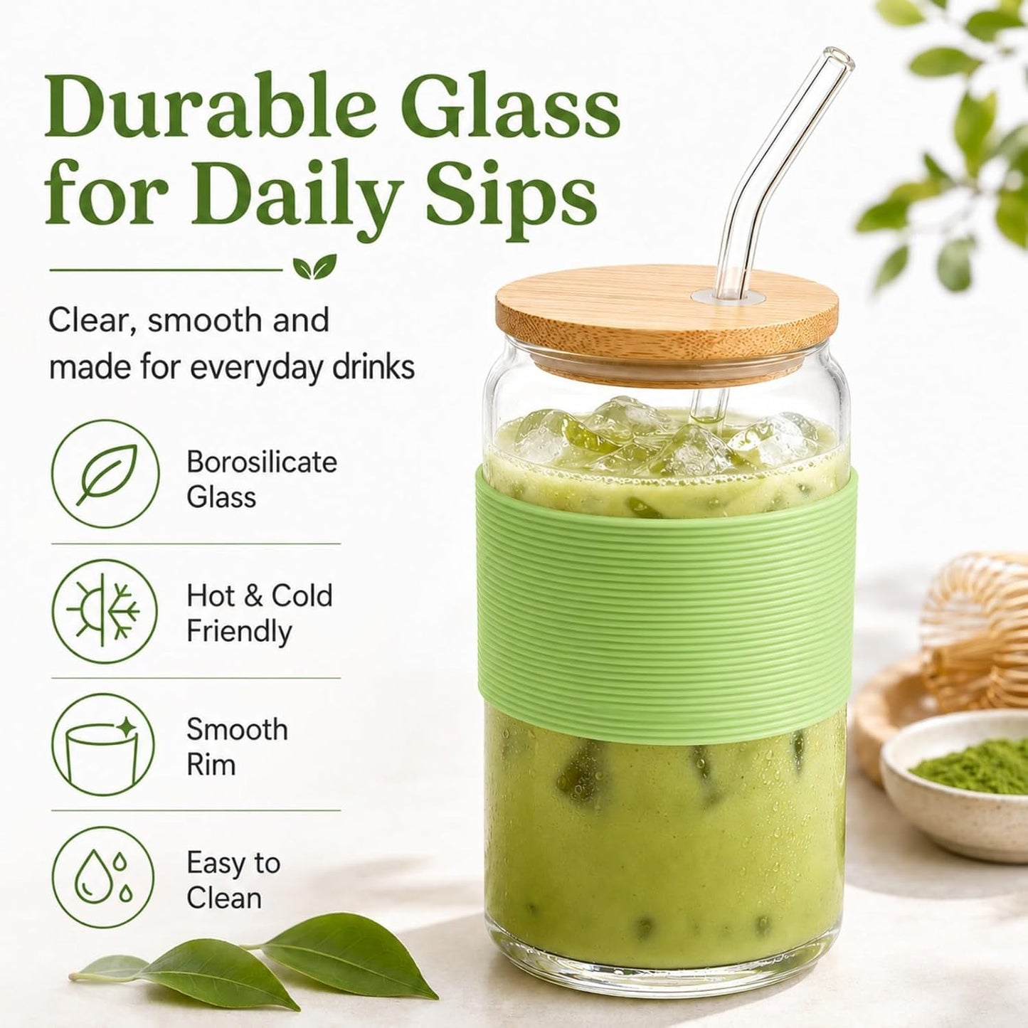 Glass Cup with Lid and Straw, 16 oz Reusable Iced Coffee Cup with Bamboo Lid, Lemon Yellow Silicone Sleeve and Cleaning Brush, for Cold Brew and Iced Drinks,Lemon Yellow