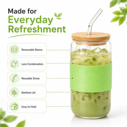 Glass Cup with Lid and Straw, 16 oz Reusable Iced Coffee Cup with Bamboo Lid, Lemon Yellow Silicone Sleeve and Cleaning Brush, for Cold Brew and Iced Drinks,Lemon Yellow