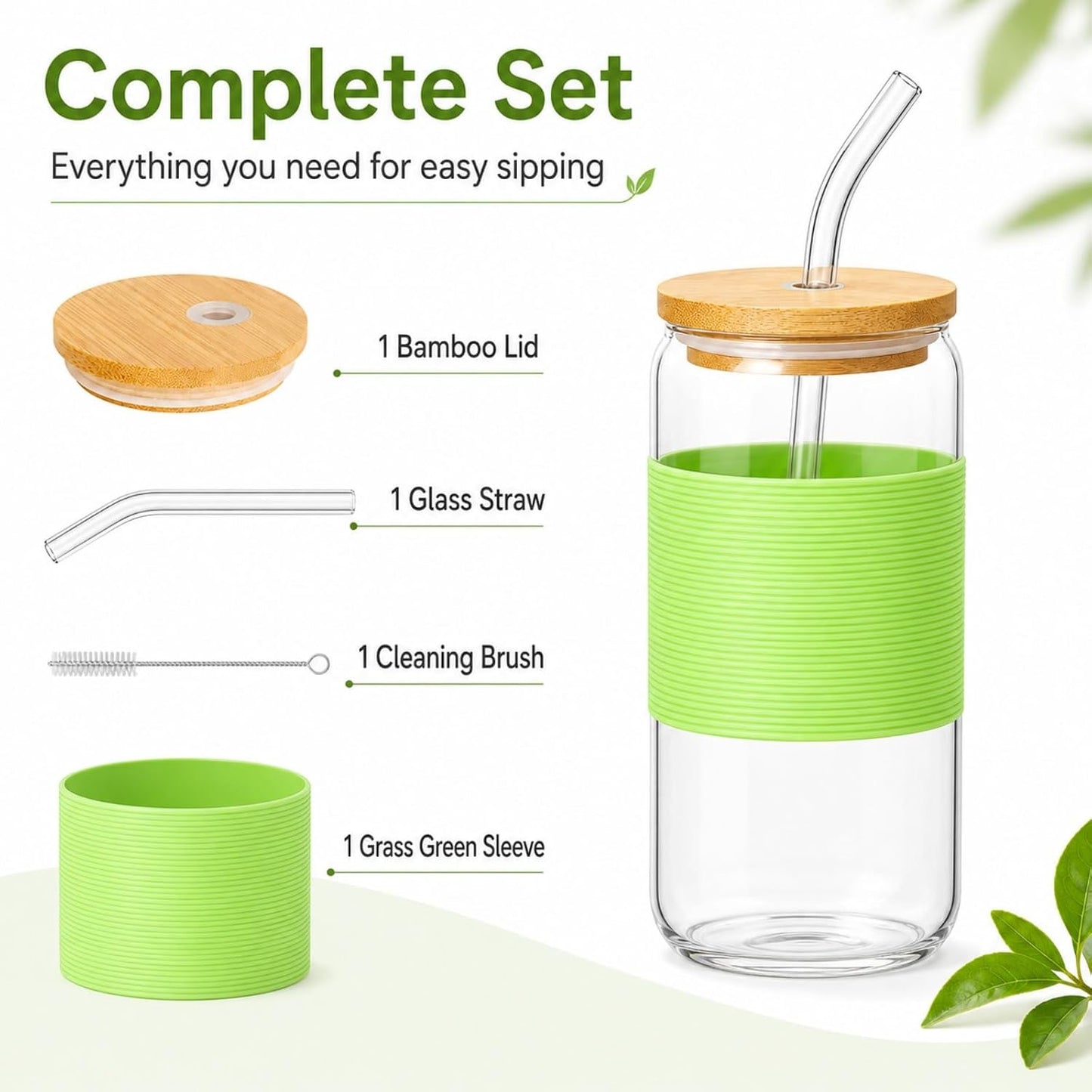Glass Cup with Lid and Straw, 16 oz Reusable Iced Coffee Cup with Bamboo Lid, Lemon Yellow Silicone Sleeve and Cleaning Brush, for Cold Brew and Iced Drinks,Lemon Yellow