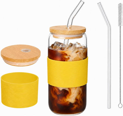 Glass Cup with Lid and Straw, 16 oz Reusable Iced Coffee Cup with Bamboo Lid, Lemon Yellow Silicone Sleeve and Cleaning Brush, for Cold Brew and Iced Drinks,Lemon Yellow