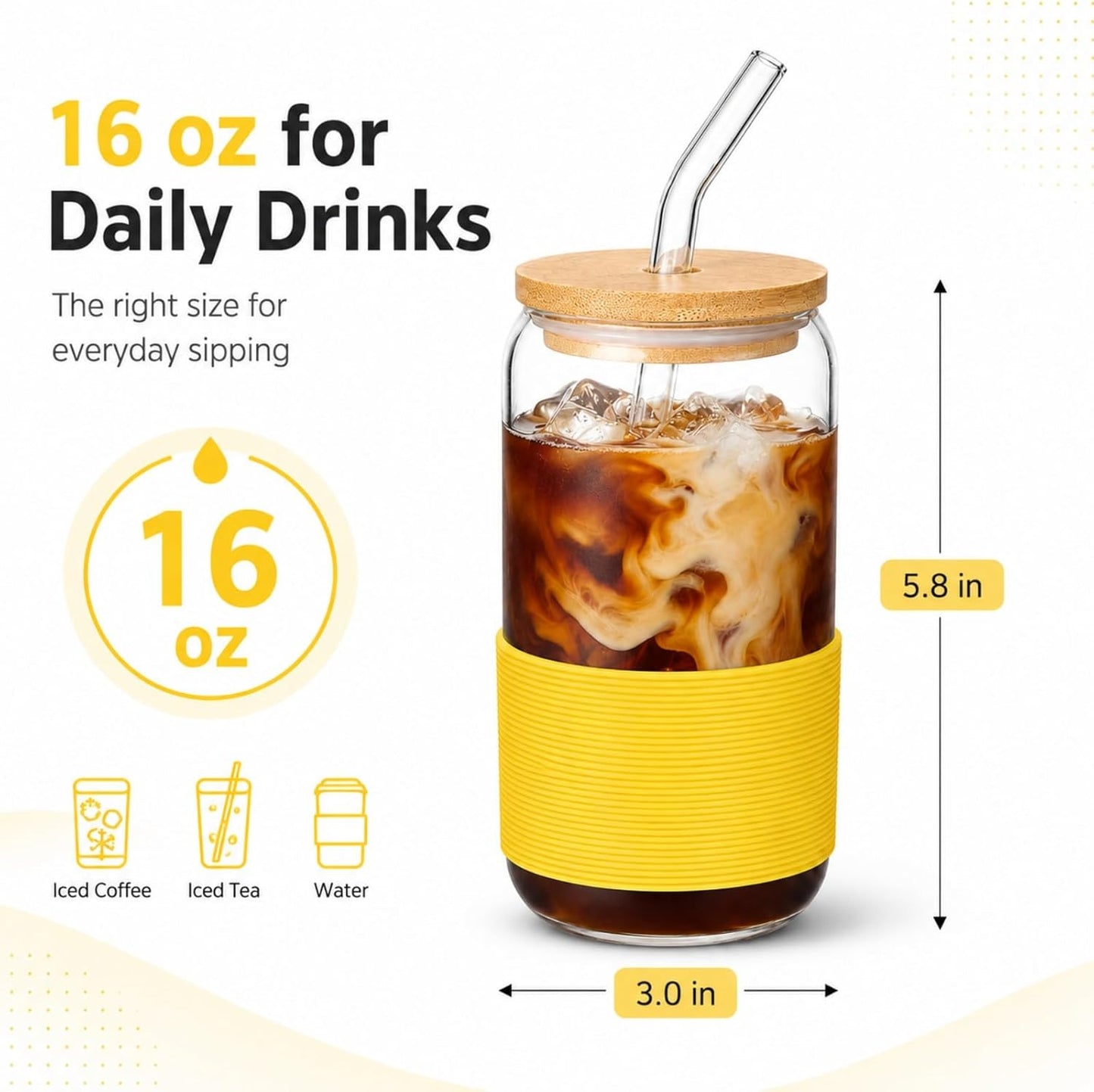 Glass Cup with Lid and Straw, 16 oz Reusable Iced Coffee Cup with Bamboo Lid, Lemon Yellow Silicone Sleeve and Cleaning Brush, for Cold Brew and Iced Drinks,Lemon Yellow