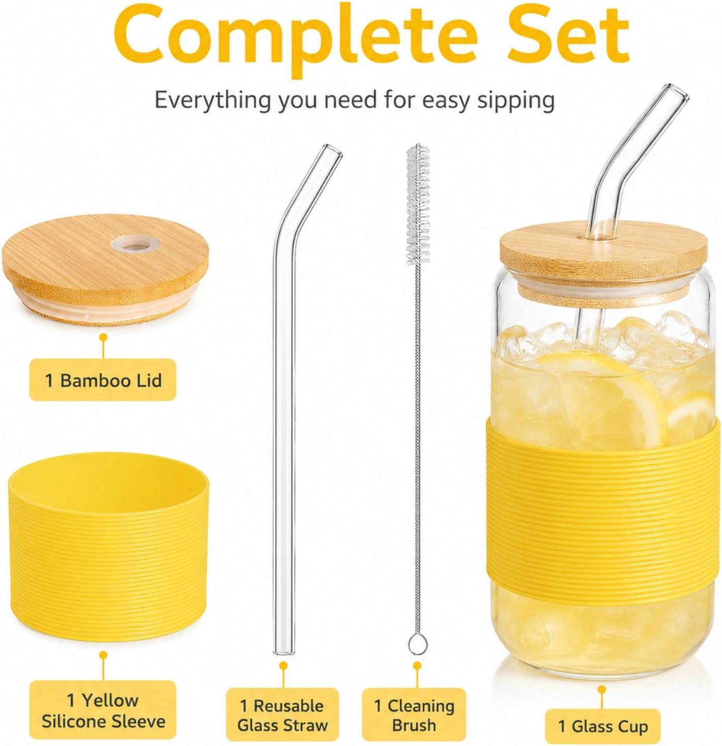 Glass Cup with Lid and Straw, 16 oz Reusable Iced Coffee Cup with Bamboo Lid, Lemon Yellow Silicone Sleeve and Cleaning Brush, for Cold Brew and Iced Drinks,Lemon Yellow