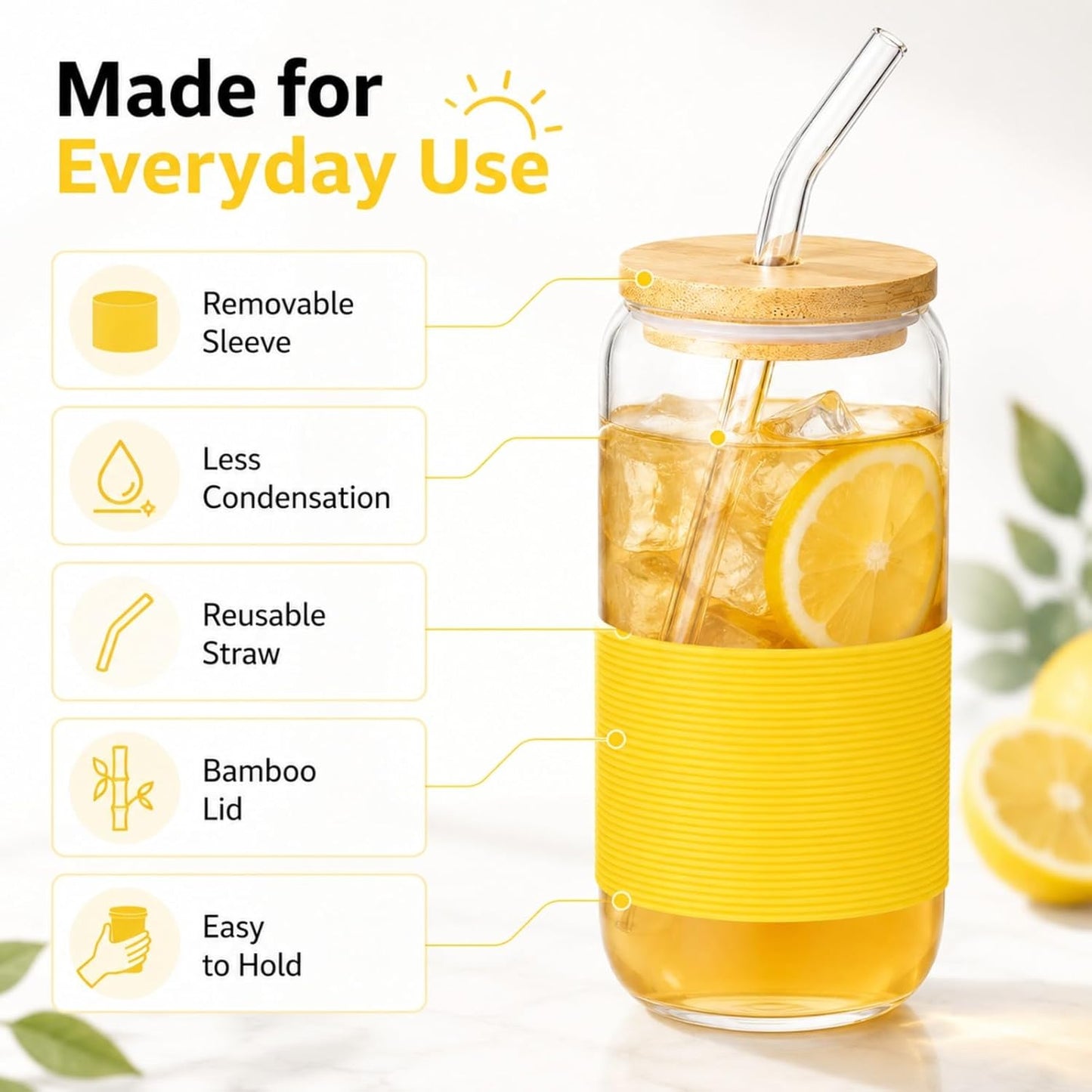Glass Cup with Lid and Straw, 16 oz Reusable Iced Coffee Cup with Bamboo Lid, Lemon Yellow Silicone Sleeve and Cleaning Brush, for Cold Brew and Iced Drinks,Lemon Yellow