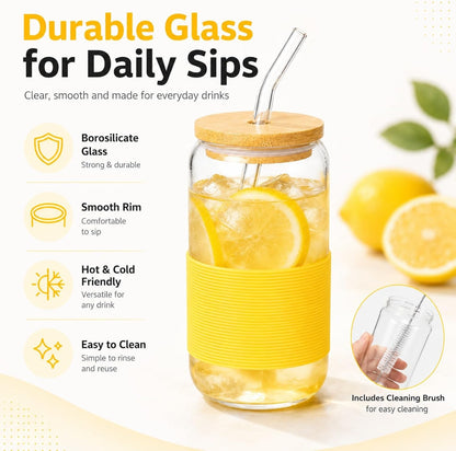 Glass Cup with Lid and Straw, 16 oz Reusable Iced Coffee Cup with Bamboo Lid, Lemon Yellow Silicone Sleeve and Cleaning Brush, for Cold Brew and Iced Drinks,Lemon Yellow