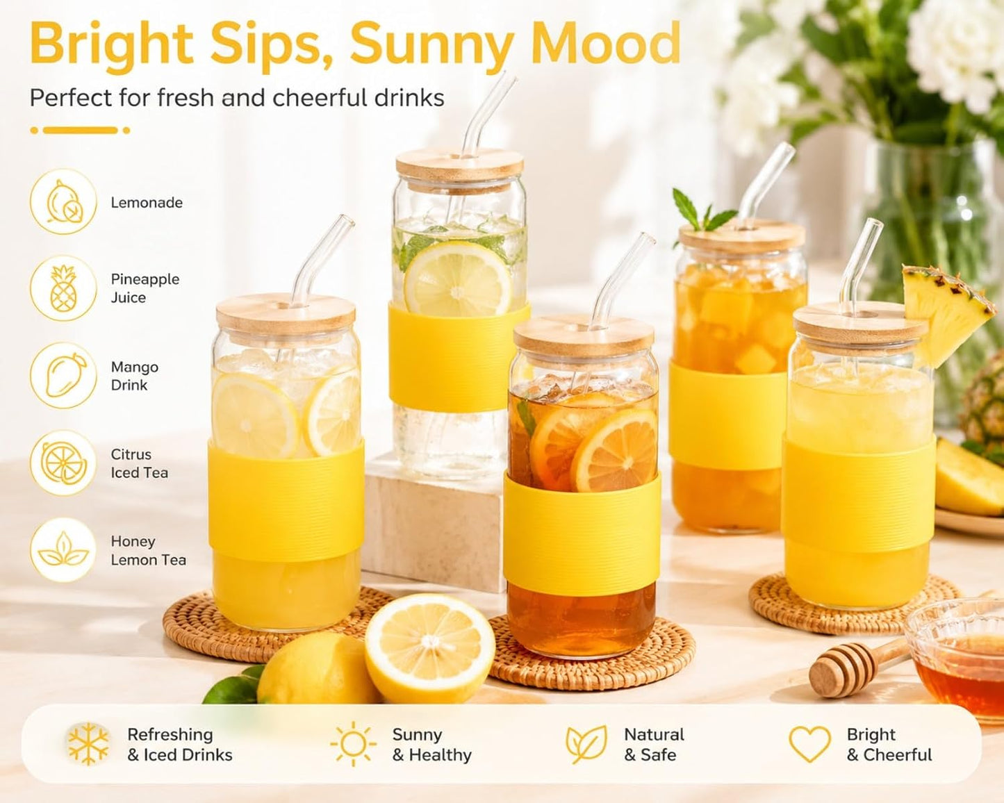 Glass Cup with Lid and Straw, 16 oz Reusable Iced Coffee Cup with Bamboo Lid, Lemon Yellow Silicone Sleeve and Cleaning Brush, for Cold Brew and Iced Drinks,Lemon Yellow