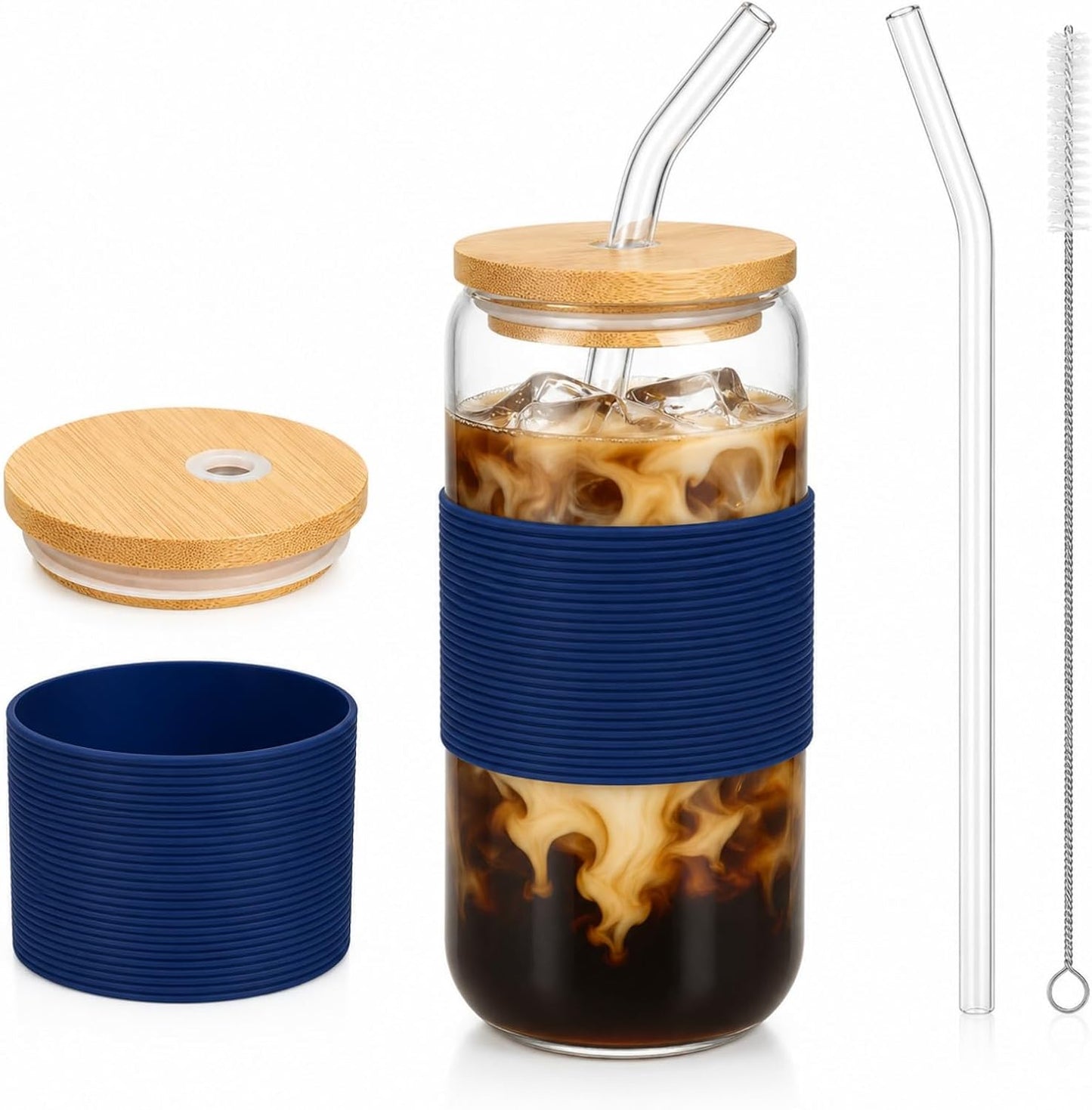 Glass Cup with Lid and Straw, 16 oz Reusable Iced Coffee Cup with Bamboo Lid, Lemon Yellow Silicone Sleeve and Cleaning Brush, for Cold Brew and Iced Drinks,Lemon Yellow