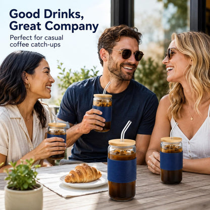 Glass Cup with Lid and Straw, 16 oz Reusable Iced Coffee Cup with Bamboo Lid, Lemon Yellow Silicone Sleeve and Cleaning Brush, for Cold Brew and Iced Drinks,Lemon Yellow