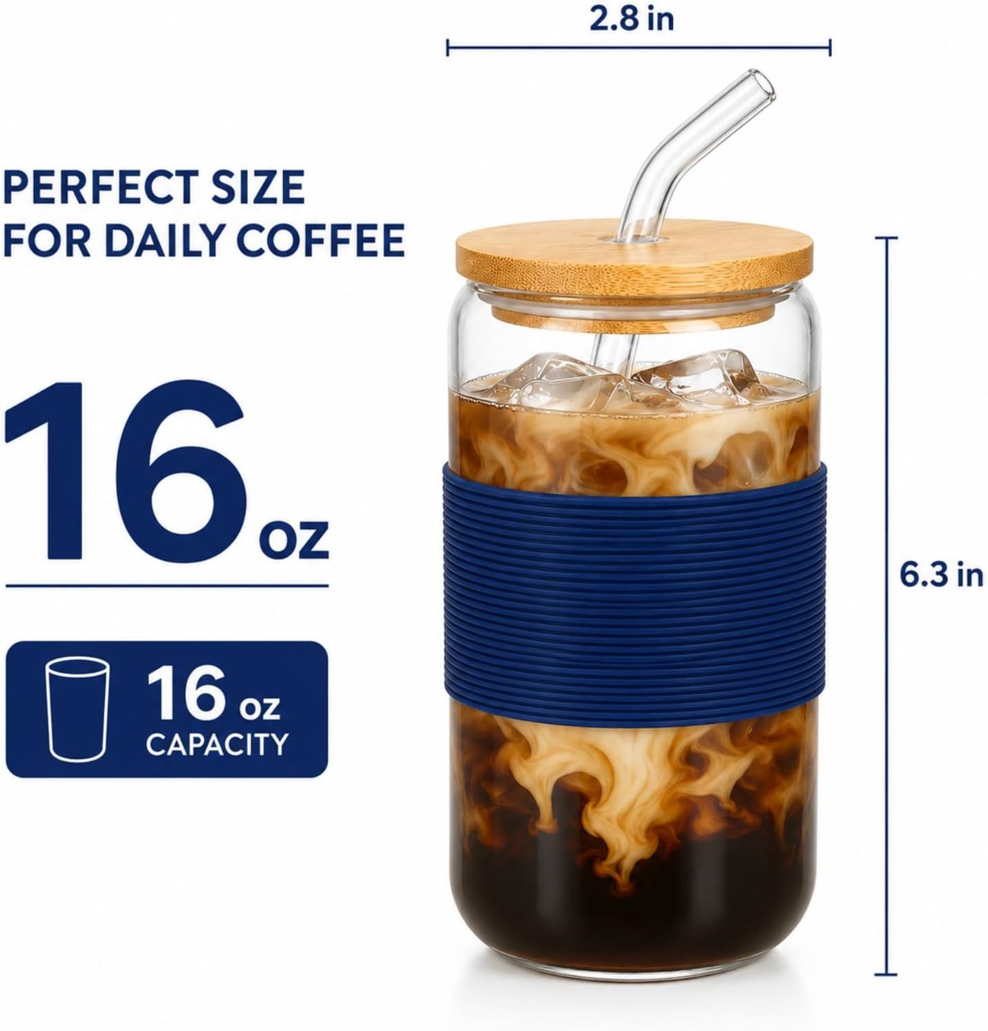 Glass Cup with Lid and Straw, 16 oz Reusable Iced Coffee Cup with Bamboo Lid, Lemon Yellow Silicone Sleeve and Cleaning Brush, for Cold Brew and Iced Drinks,Lemon Yellow